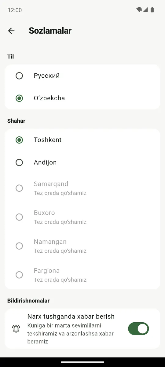 Sozlamalar: til, shahar, bildirishnomalar