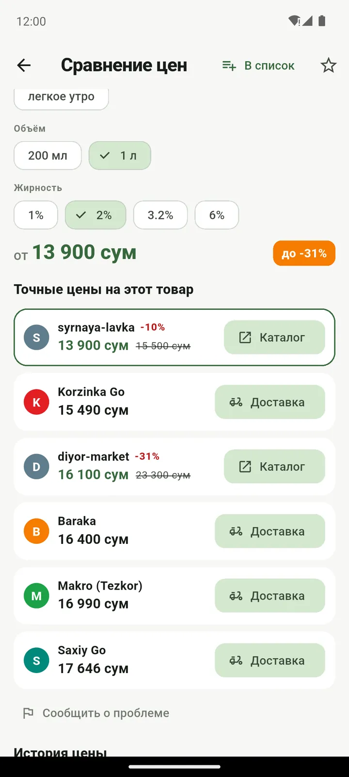 Price comparison: one product in six stores