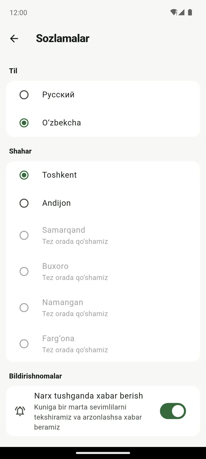 Sozlamalar: til, shahar, bildirishnomalar